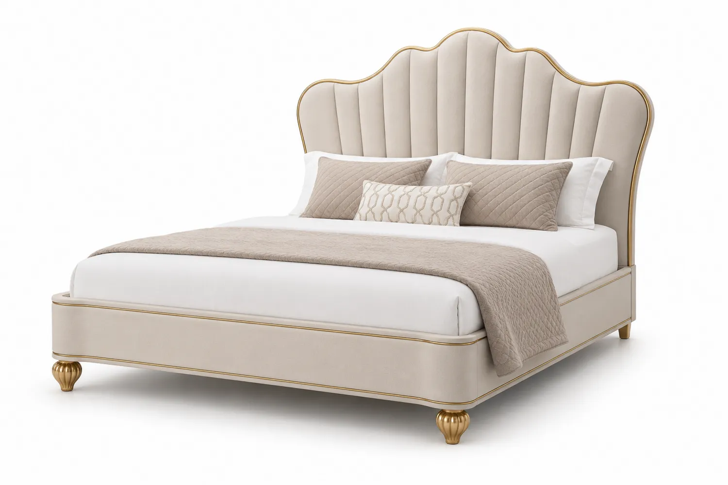 Velours Polsterbett King Size Beige mit Goldakzenten