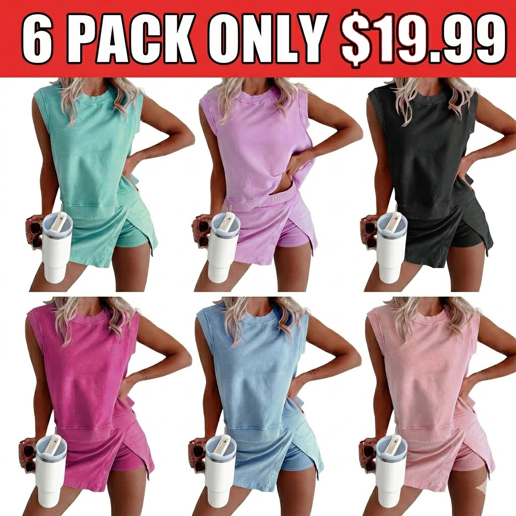 Women's Casual Summer 2 Piece Mineral Wash Cotton Tank Top and Lined Split Skirt Set in Solid Color