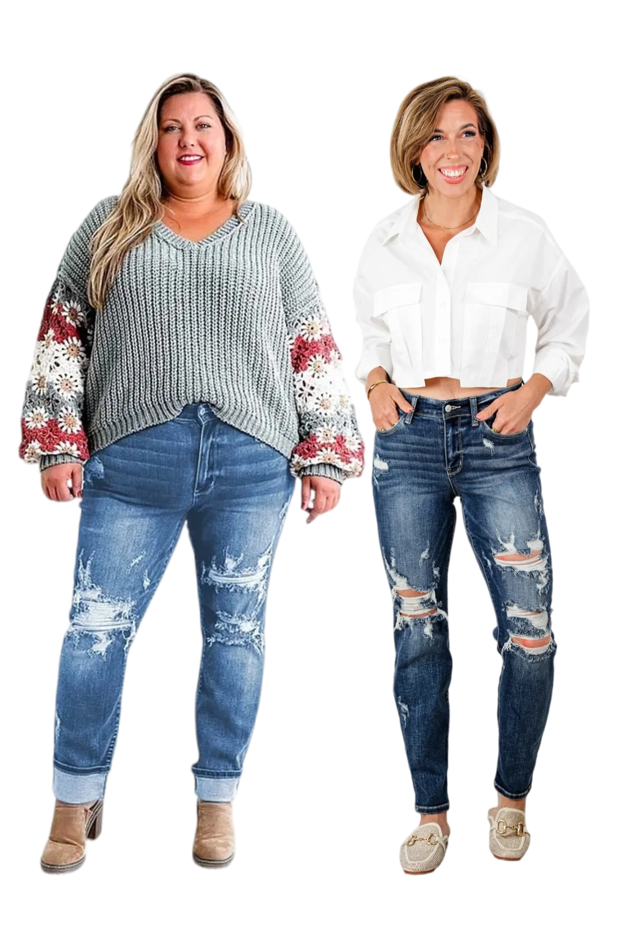 Tummy Control Distressed Cuffed Boyfriend Jeans 