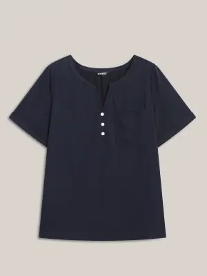 BLOOMCHIC Women's Plus-Size Minimalist Short-Sleeve Blouse [M-6X] - Split V-Neck, Button-Detailed, Pocketed Lady Top, 2026 Summer Casual Basic, Mother's Day Pick,summerwins,Summer wins,Deals for your days