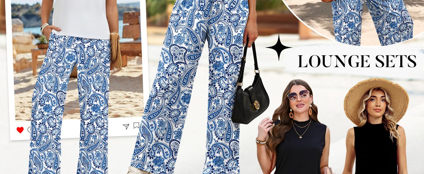 OFEEFAN Two Piece Set for Women Summer Spring Outfits Cruise Travel Airport Beach Vacation Mock Neck Wide Leg Pants Set Womenswear
