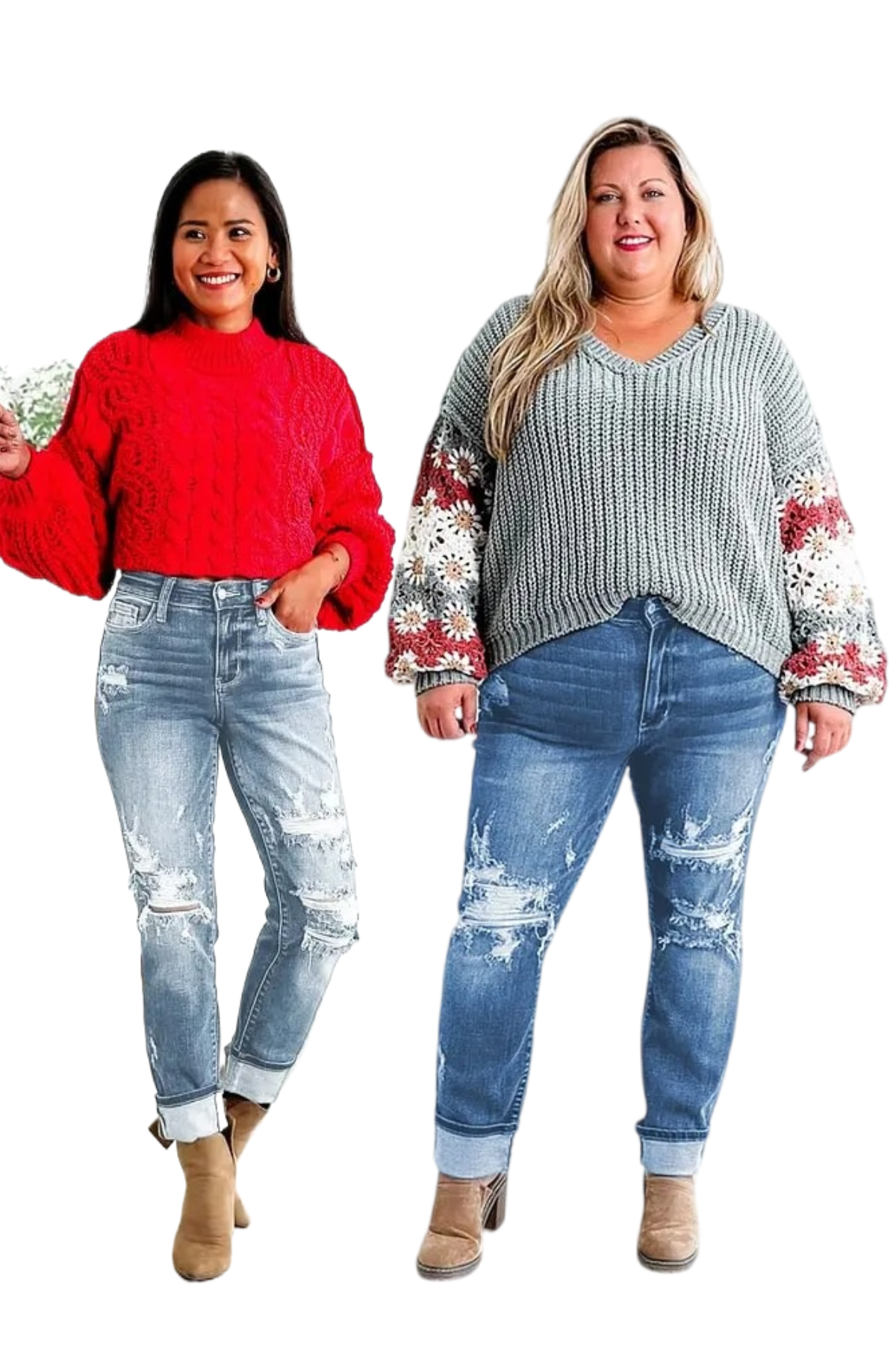 Tummy Control Distressed Cuffed Boyfriend Jeans 