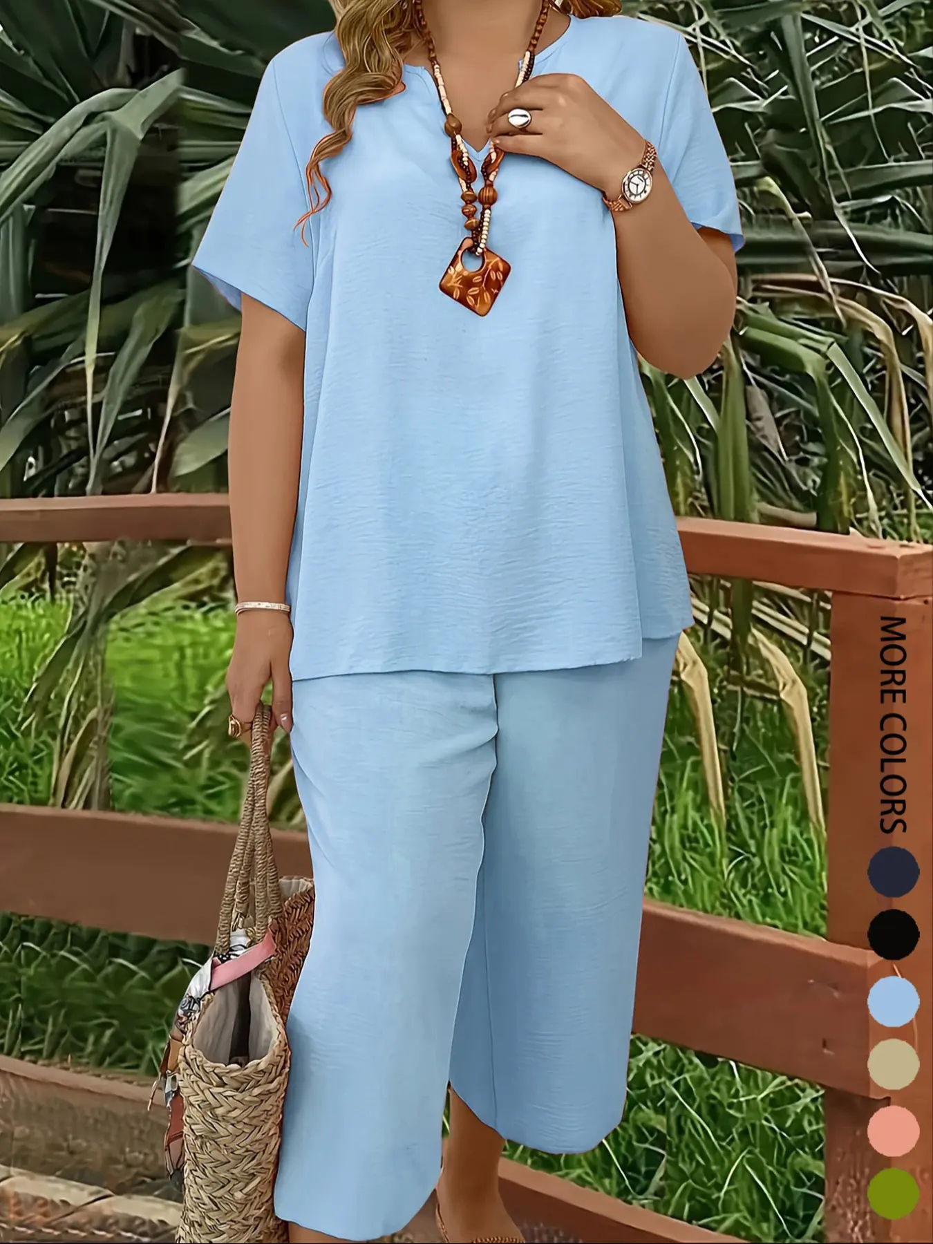 Women s Plus Size Elegant Minimalist Solid Color Short Sleeve Top & Wide Leg Pant