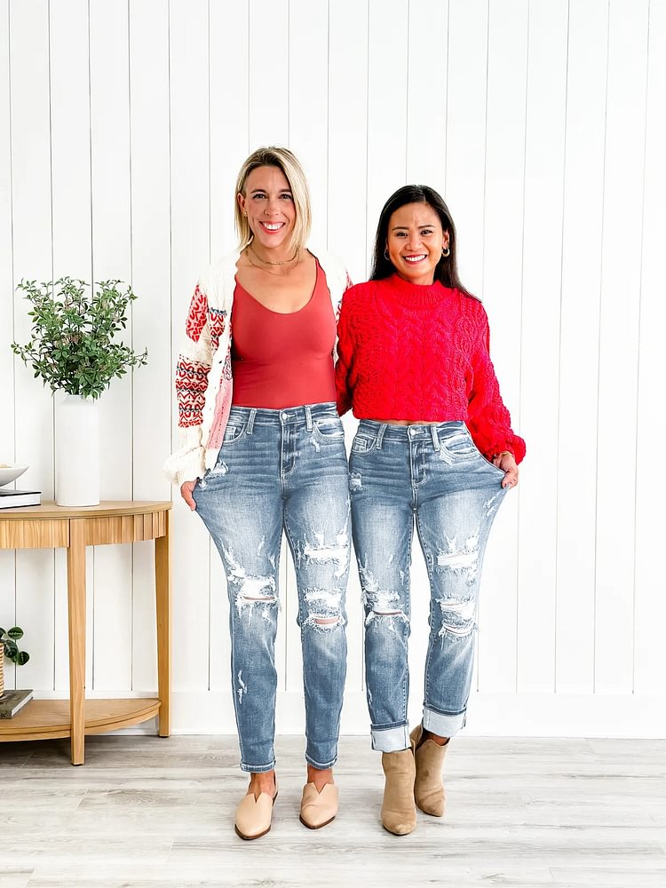 Tummy Control Distressed Cuffed Boyfriend Jeans 