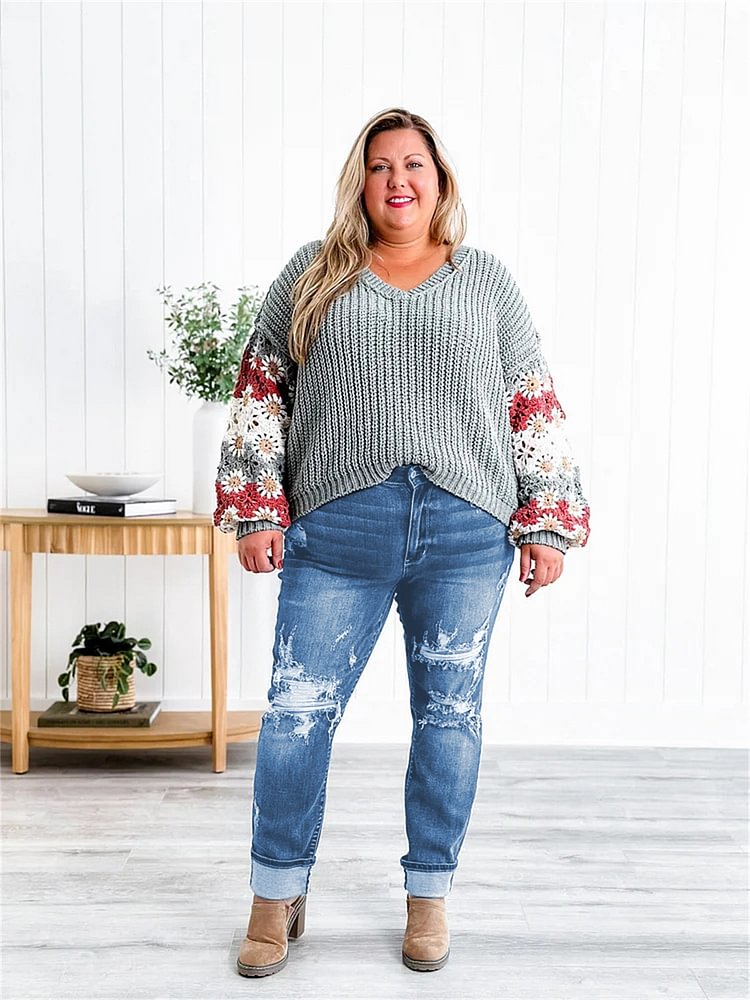 Tummy Control Distressed Cuffed Boyfriend Jeans 