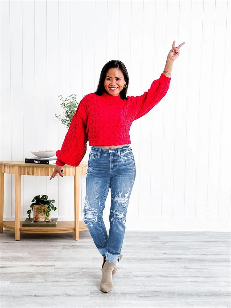 Tummy Control Distressed Cuffed Boyfriend Jeans 