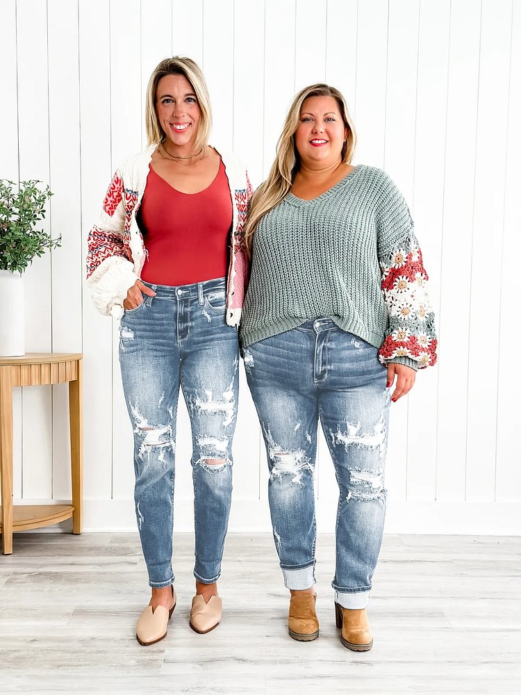 Tummy Control Distressed Cuffed Boyfriend Jeans 