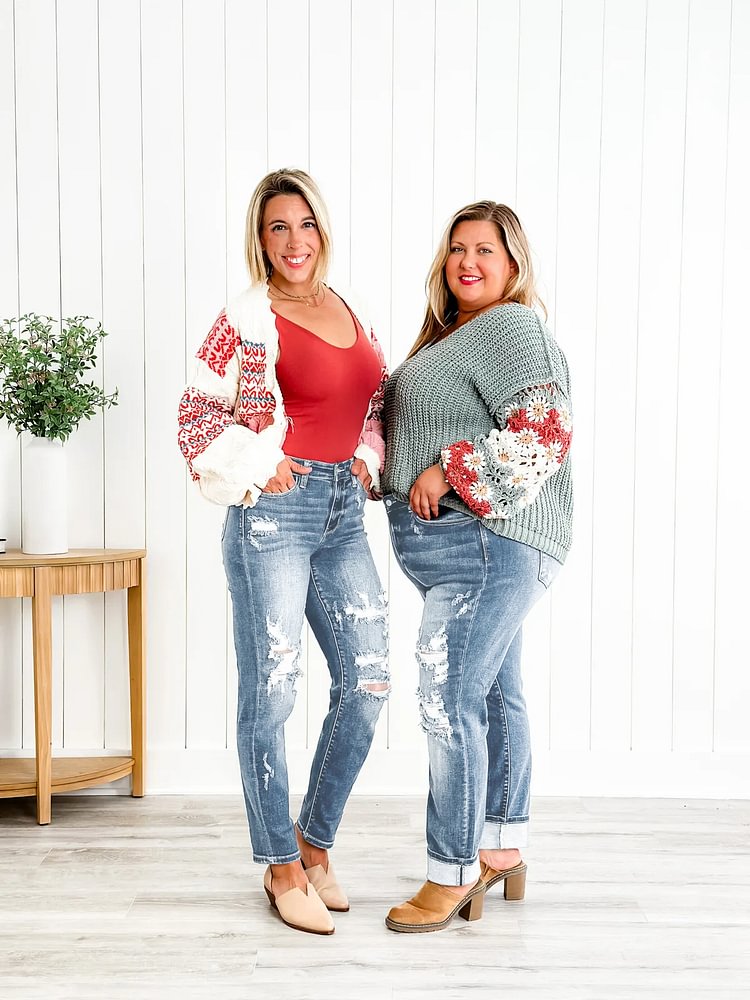 Tummy Control Distressed Cuffed Boyfriend Jeans 