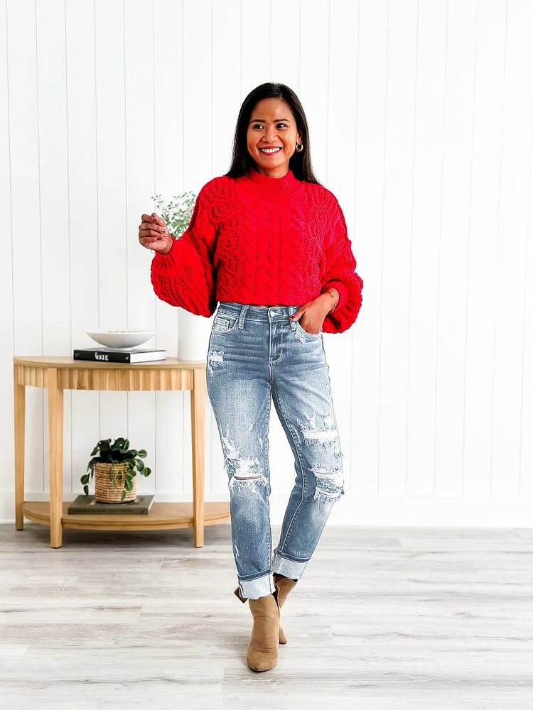Tummy Control Distressed Cuffed Boyfriend Jeans 