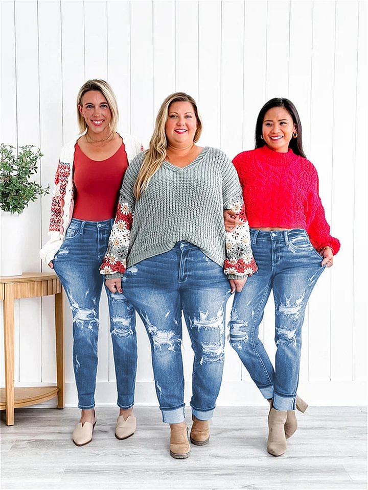 Tummy Control Distressed Cuffed Boyfriend Jeans 