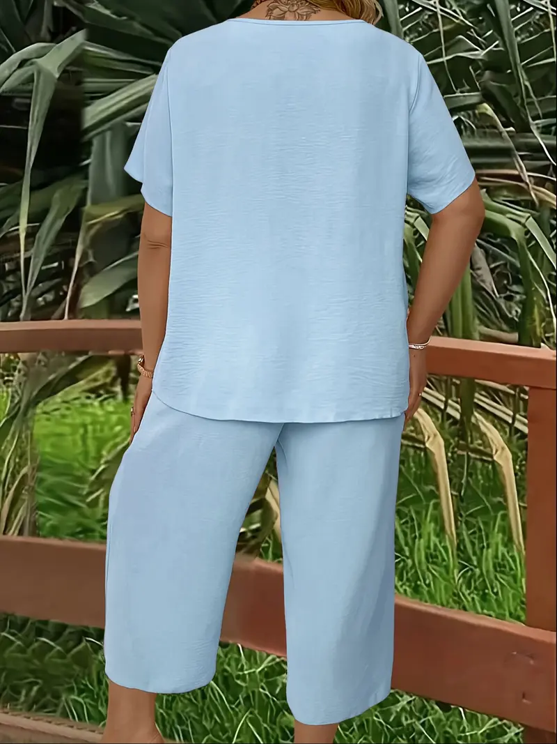 Women s Plus Size Elegant Minimalist Solid Color Short Sleeve Top & Wide Leg Pant