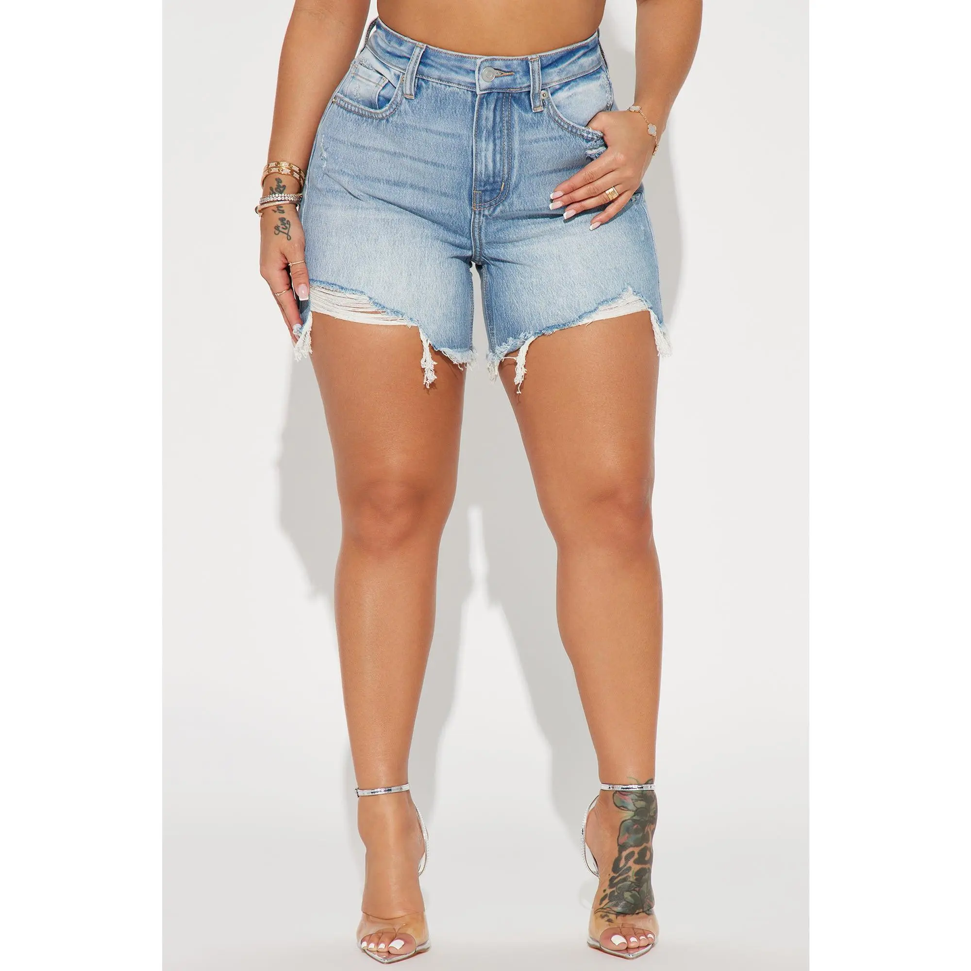 Hallie Hybrid Ripped Denim Shorts - Light Wash