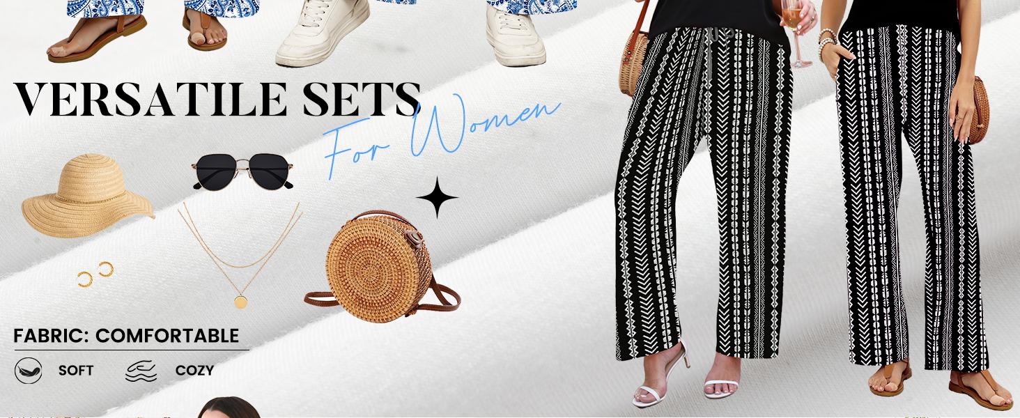 OFEEFAN Two Piece Set for Women Summer Spring Outfits Cruise Travel Airport Beach Vacation Mock Neck Wide Leg Pants Set Womenswear