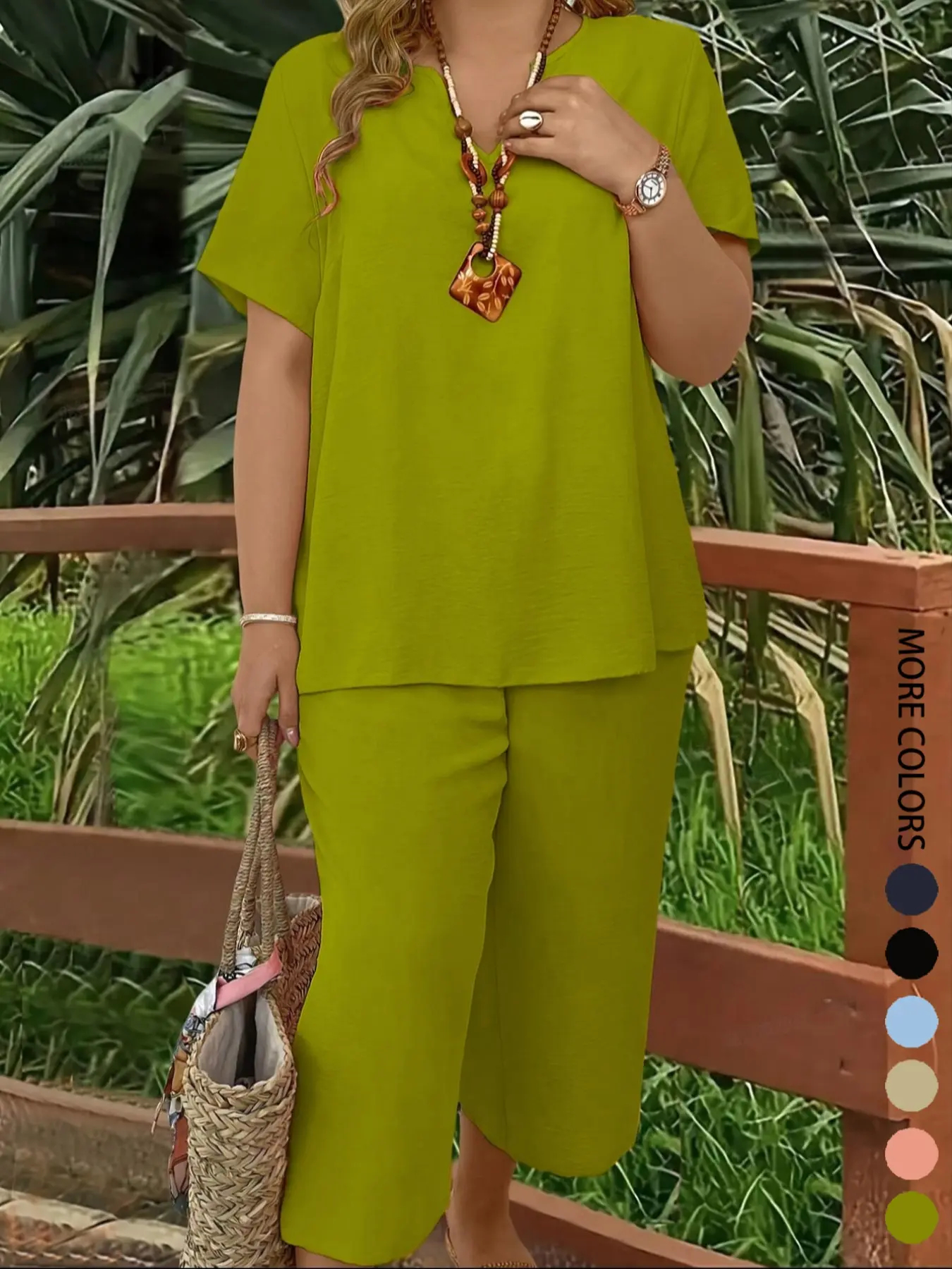 Women s Plus Size Elegant Minimalist Solid Color Short Sleeve Top & Wide Leg Pant