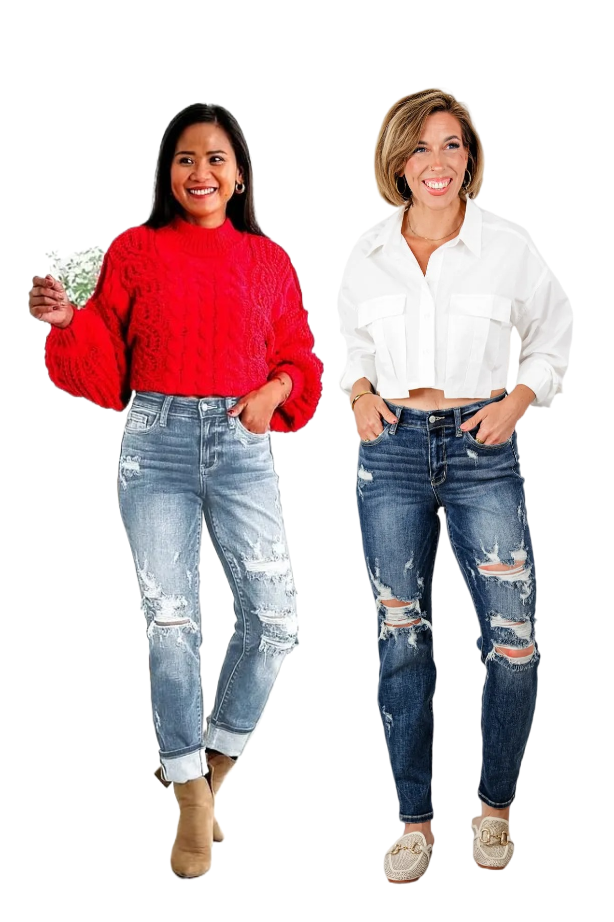 Tummy Control Distressed Cuffed Boyfriend Jeans 