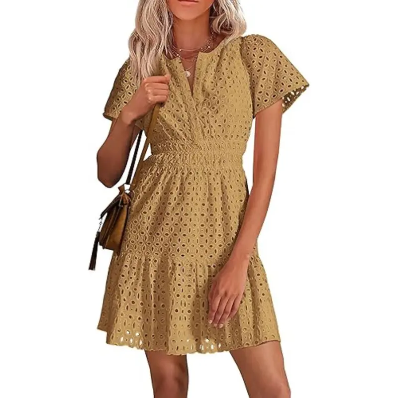 [XS-6XL]Women’s V-Neck Lace Dress – Elegant Summer Vacation Beach Dress