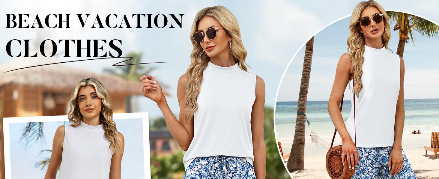 OFEEFAN Two Piece Set for Women Summer Spring Outfits Cruise Travel Airport Beach Vacation Mock Neck Wide Leg Pants Set Womenswear