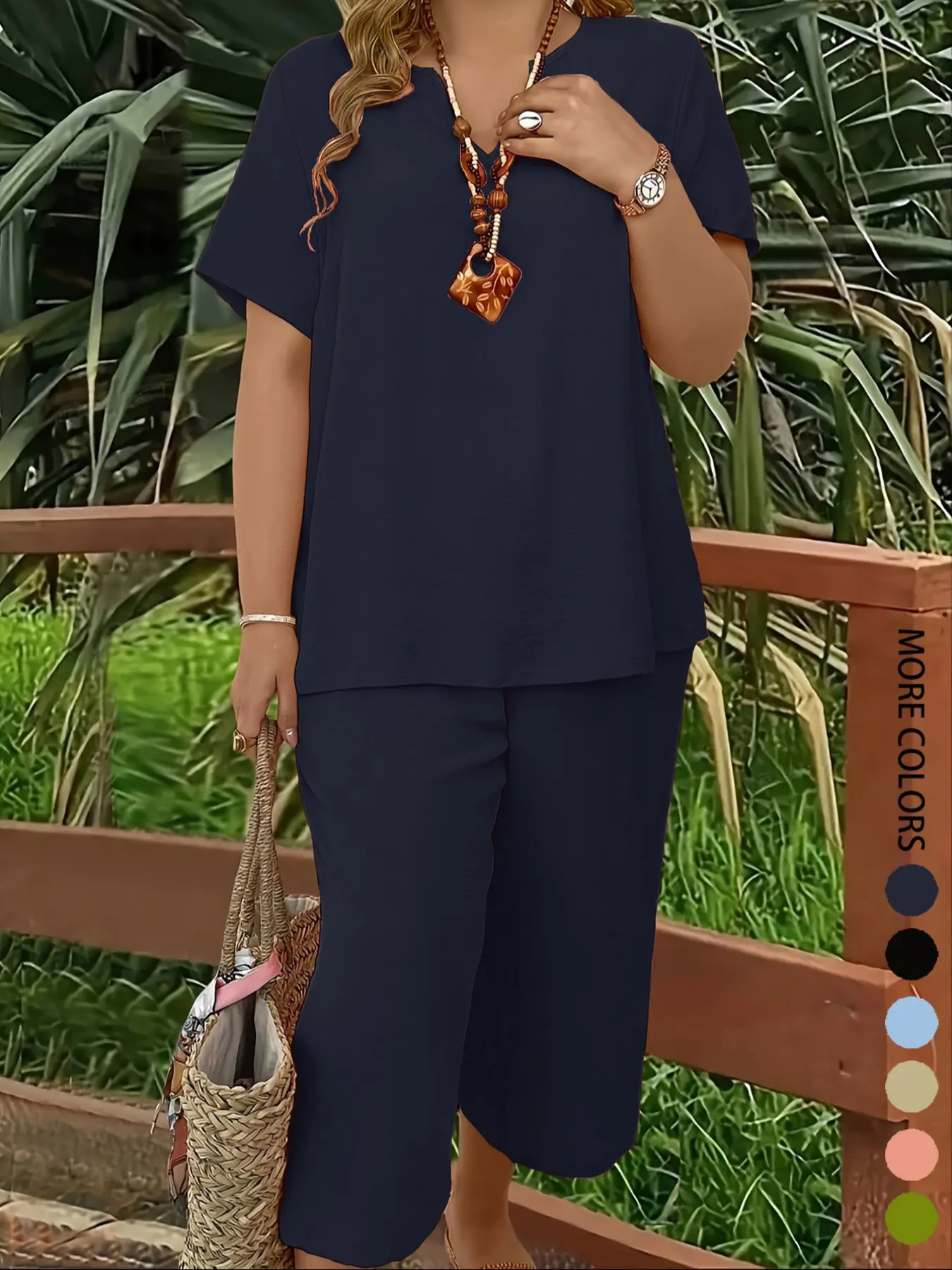 Women s Plus Size Elegant Minimalist Solid Color Short Sleeve Top & Wide Leg Pant