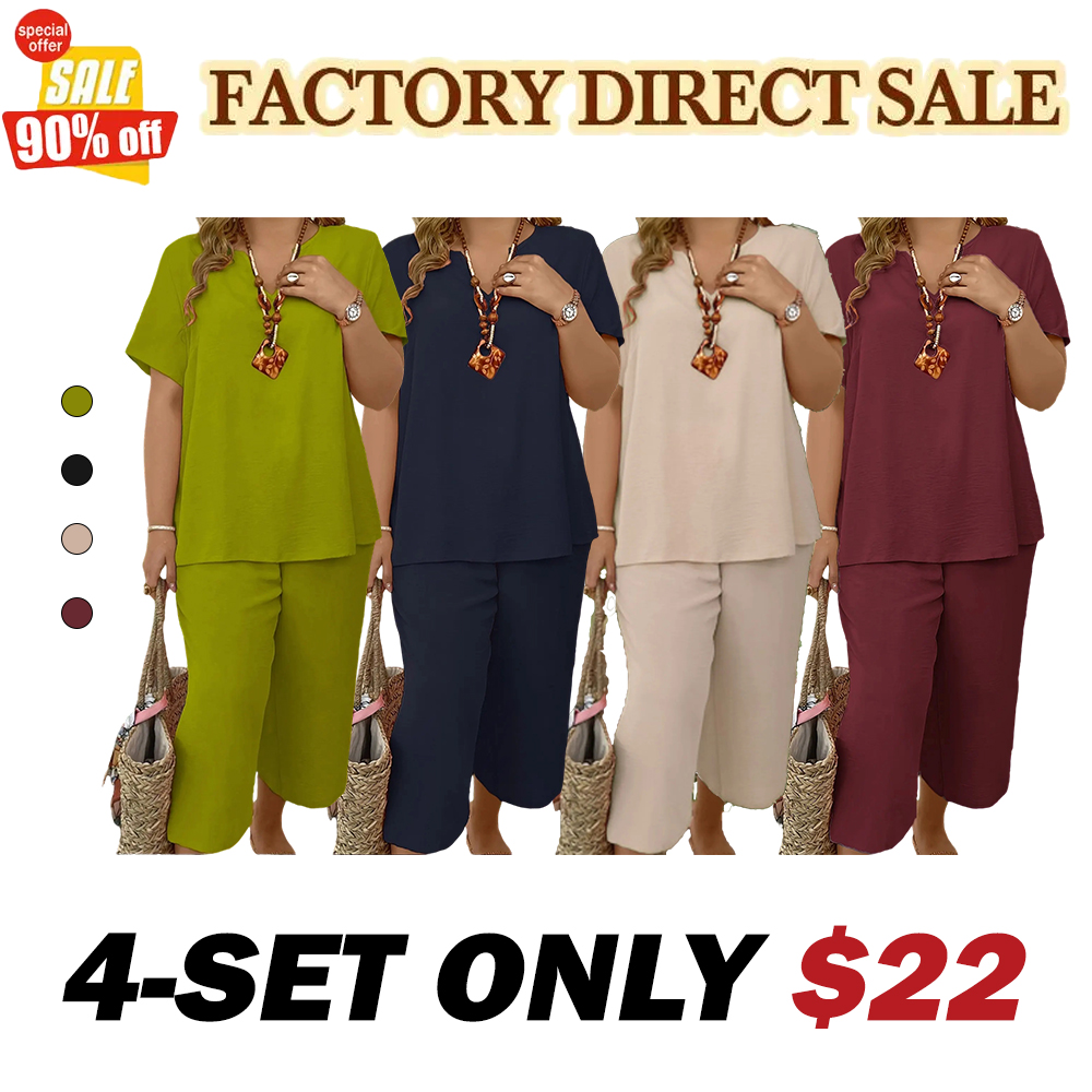Women s Plus Size Elegant Minimalist Solid Color Short Sleeve Top & Wide Leg Pant