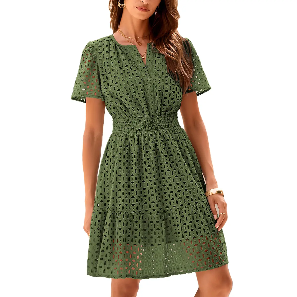 [XS-6XL]Women’s V-Neck Lace Dress – Elegant Summer Vacation Beach Dress