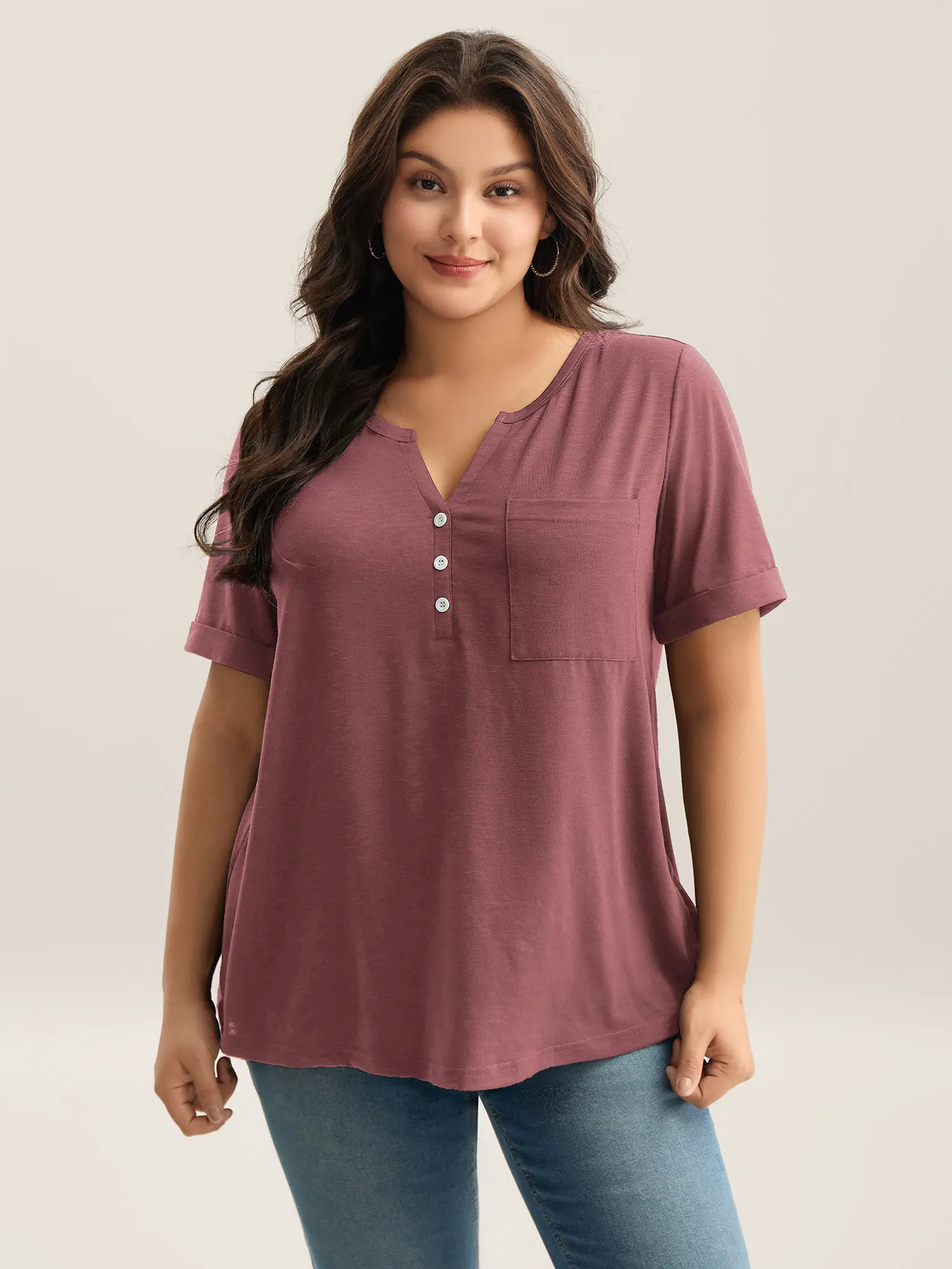 BLOOMCHIC Women's Plus-Size Minimalist Short-Sleeve Blouse [M-6X] - Split V-Neck, Button-Detailed, Pocketed Lady Top, 2026 Summer Casual Basic, Mother's Day Pick,summerwins,Summer wins,Deals for your days
