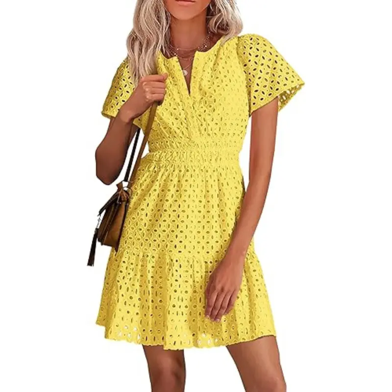 [XS-6XL]Women’s V-Neck Lace Dress – Elegant Summer Vacation Beach Dress