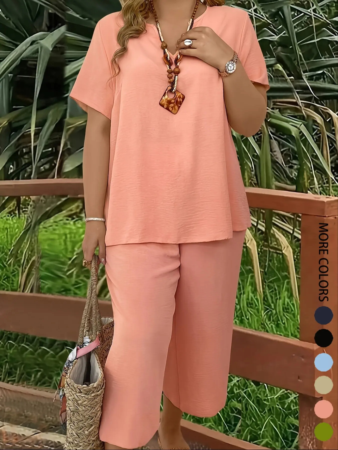 Women s Plus Size Elegant Minimalist Solid Color Short Sleeve Top & Wide Leg Pant