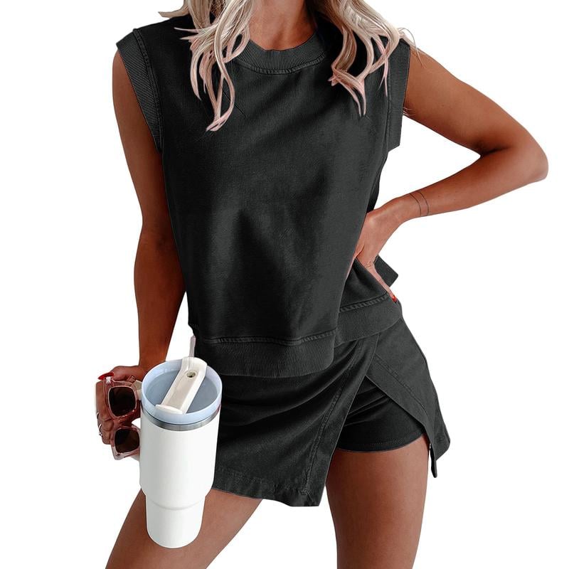 Women's Casual Summer 2 Piece Mineral Wash Cotton Tank Top and Lined Split Skirt Set in Solid Color