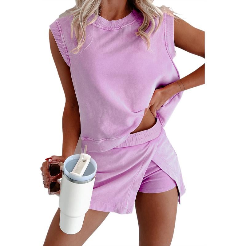 Women's Casual Summer 2 Piece Mineral Wash Cotton Tank Top and Lined Split Skirt Set in Solid Color