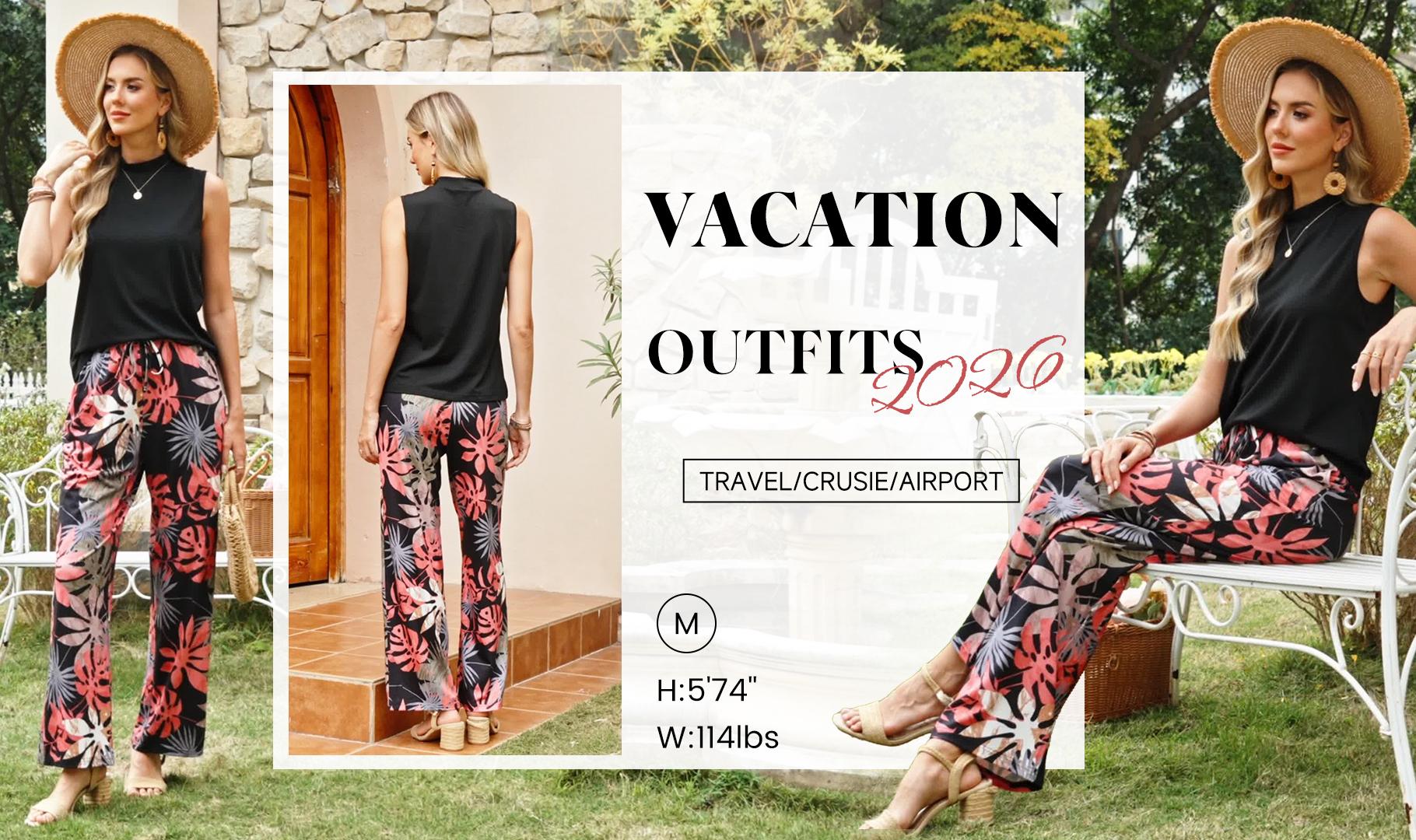 OFEEFAN Two Piece Set for Women Summer Spring Outfits Cruise Travel Airport Beach Vacation Mock Neck Wide Leg Pants Set Womenswear