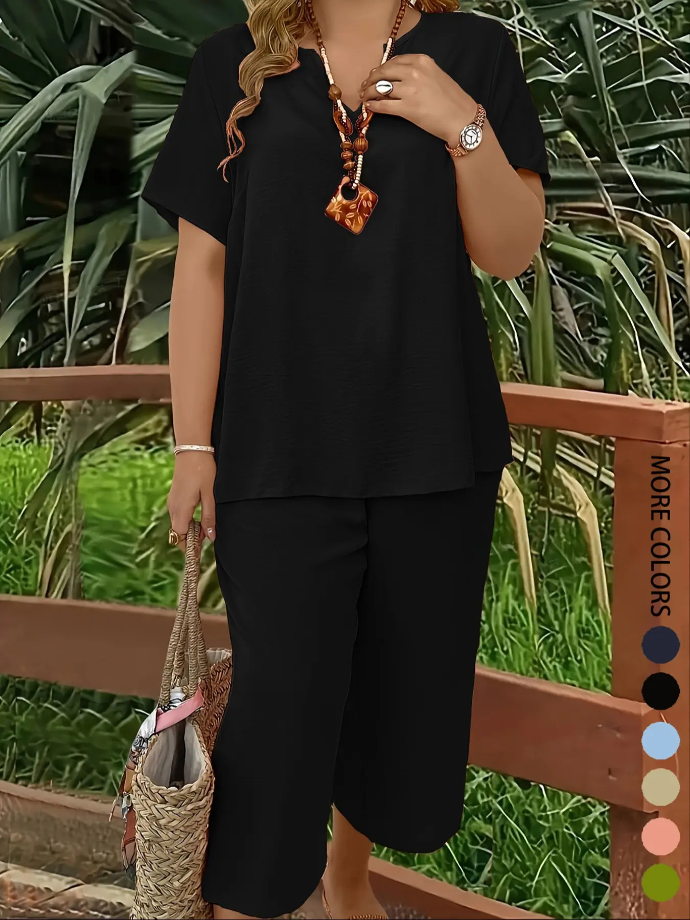 Women s Plus Size Elegant Minimalist Solid Color Short Sleeve Top & Wide Leg Pant