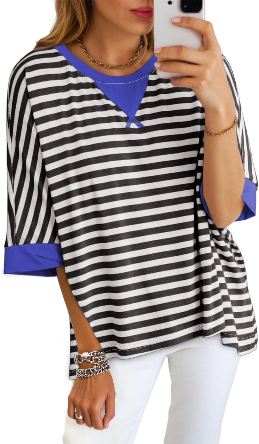 Tops for Women Striped 2026 Fashion T Shirts for Women Color Block Crewneck Design Loose Basic Tee