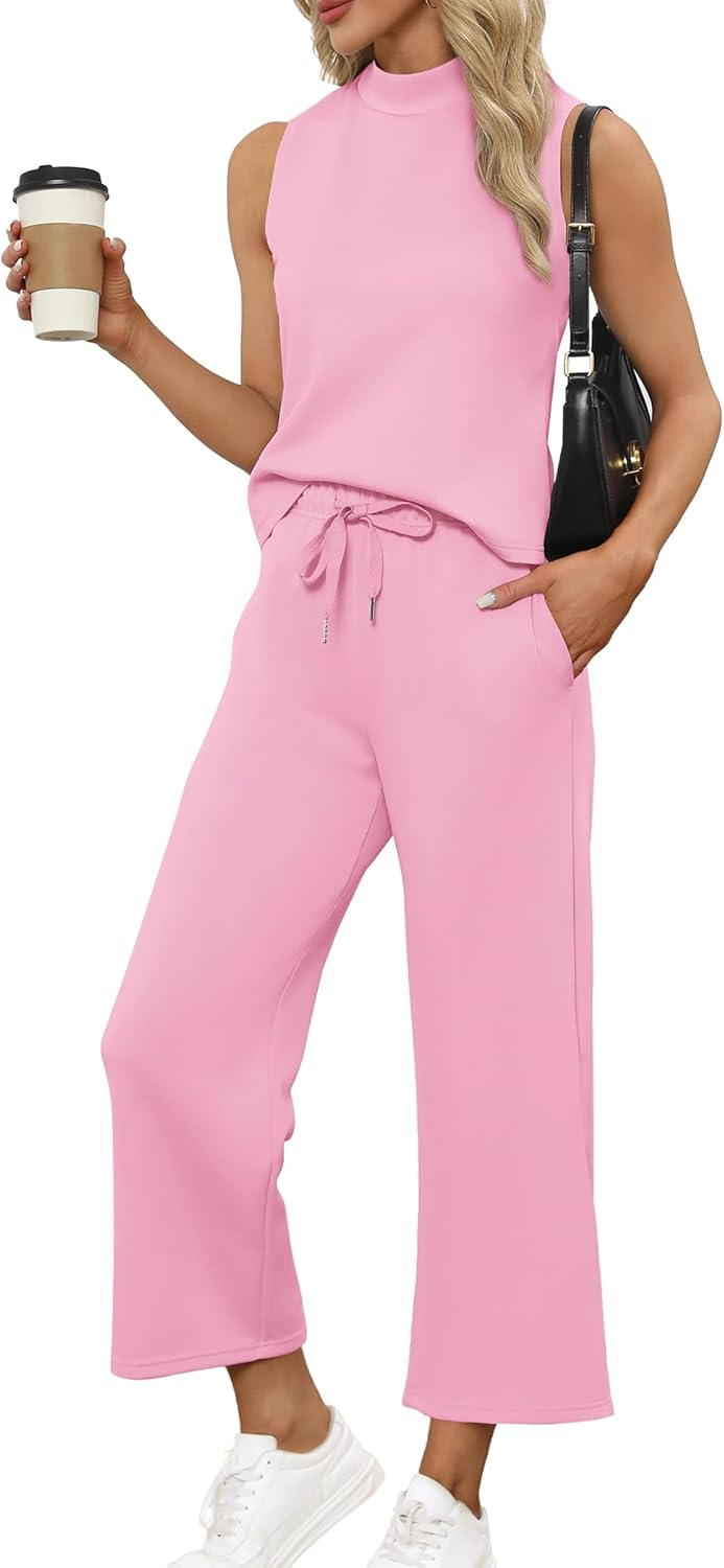 Two Piece Sets for Women Summer Outfits Lounge Sets Mock Neck Tops Wide Leg Crop Pants Vacation Travel Outfits