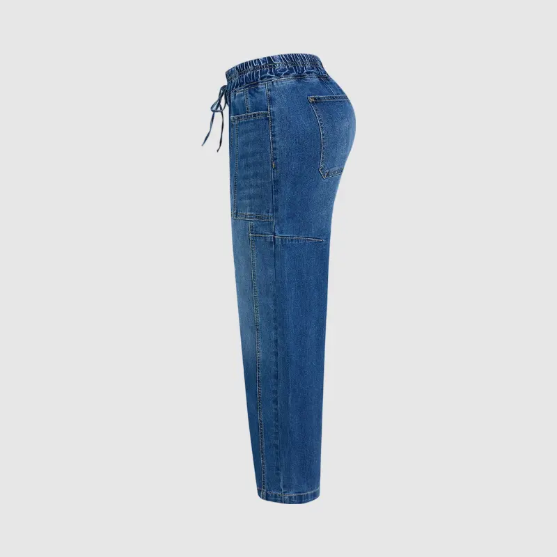 Flamingals Drawstring Patched Pocket High Waist Barrel Leg Jeans Womenswear Stretchy 25.2" Inseam