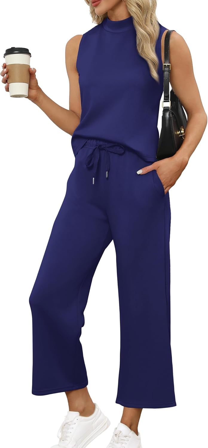 Two Piece Sets for Women Summer Outfits Lounge Sets Mock Neck Tops Wide Leg Crop Pants Vacation Travel Outfits