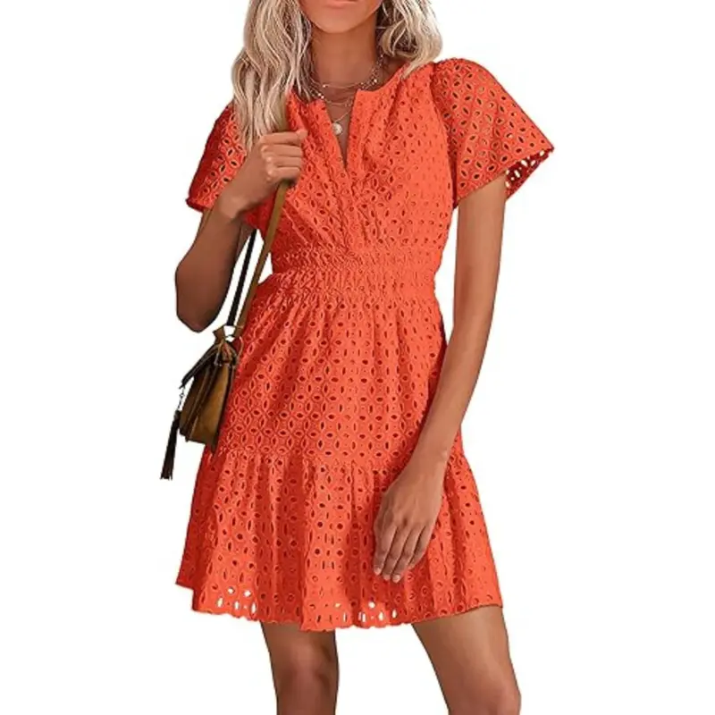 [XS-6XL]Women’s V-Neck Lace Dress – Elegant Summer Vacation Beach Dress