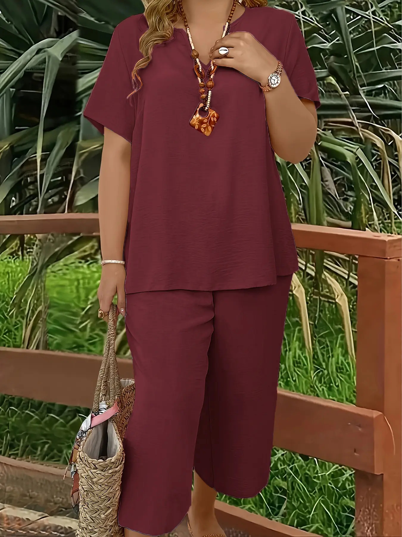 Women s Plus Size Elegant Minimalist Solid Color Short Sleeve Top & Wide Leg Pant