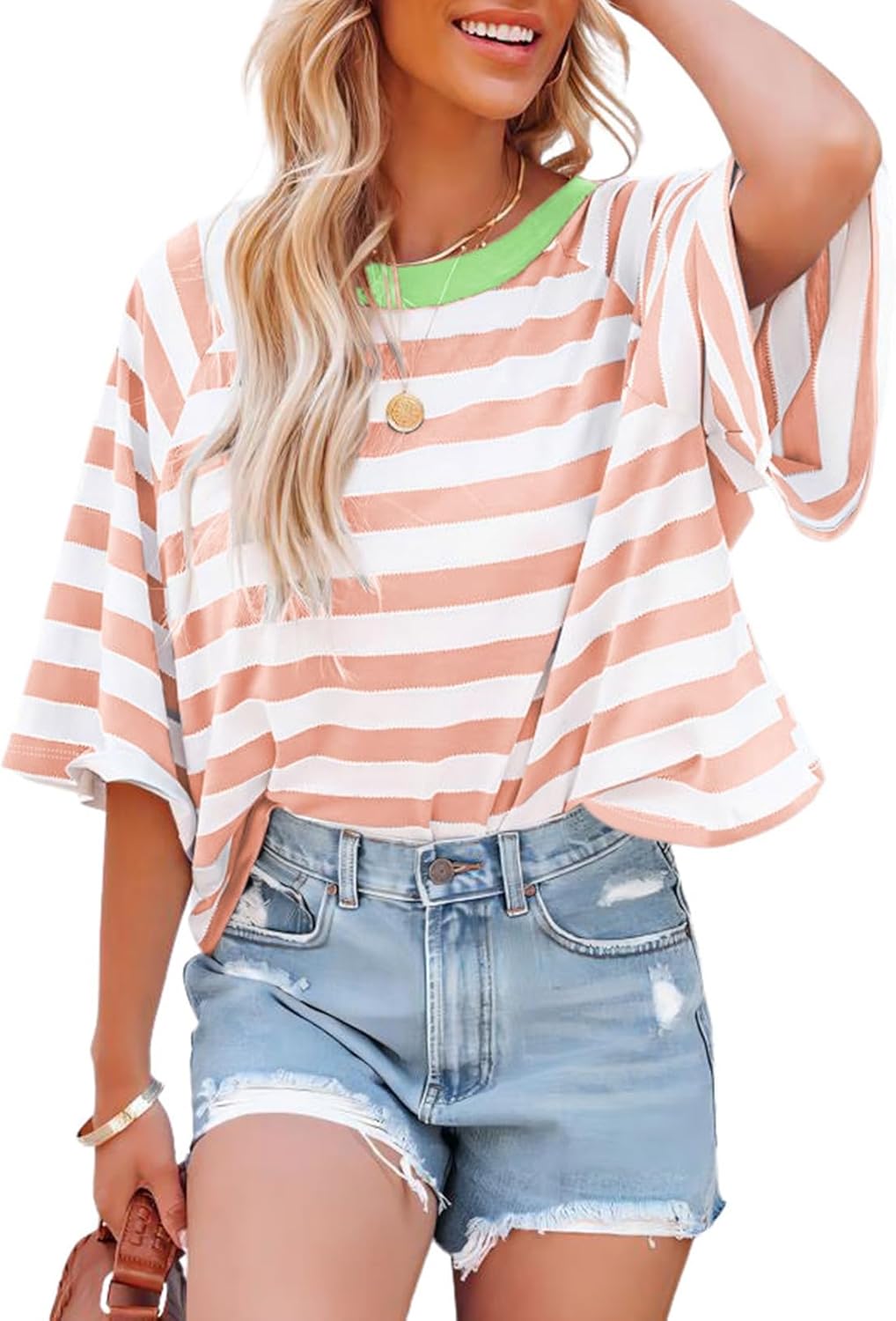 Tops for Women Striped 2026 Fashion T Shirts for Women Color Block Crewneck Design Loose Basic Tee