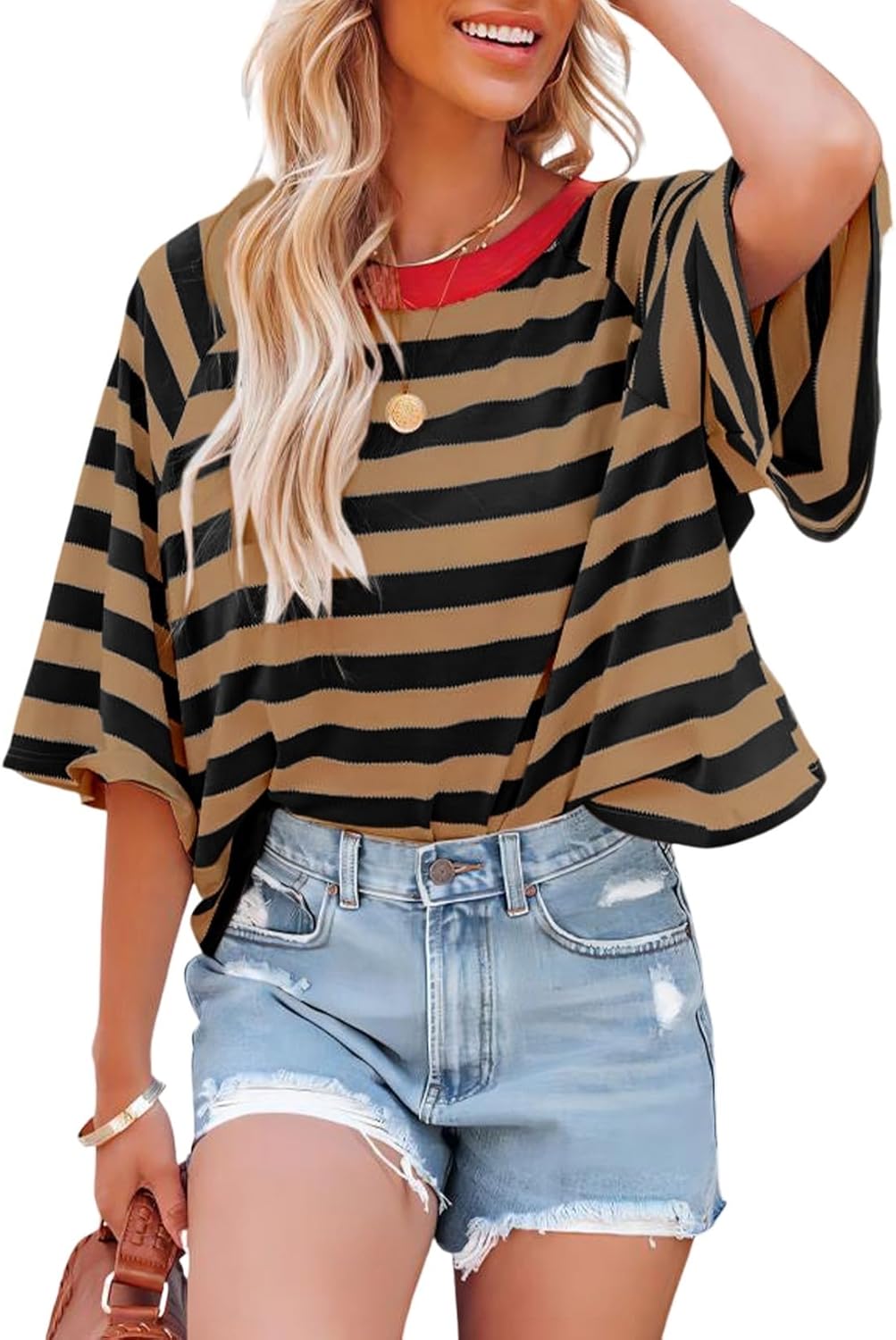 Tops for Women Striped 2026 Fashion T Shirts for Women Color Block Crewneck Design Loose Basic Tee