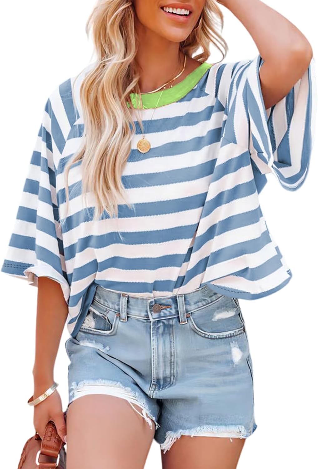 Tops for Women Striped 2026 Fashion T Shirts for Women Color Block Crewneck Design Loose Basic Tee