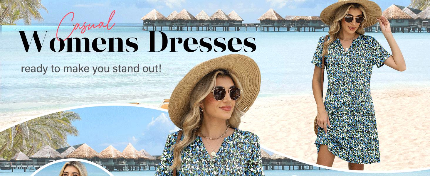 OFEEFAN Summer Dress Dresses for Women 2026 Casual Summer V Neck Wedding Guest Dress Short Sleeve Fashion Beach Vacation Clothes