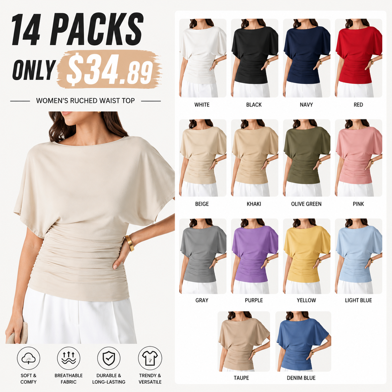 8 PACK Stylish &Comfortable Batwing Sleeve Top