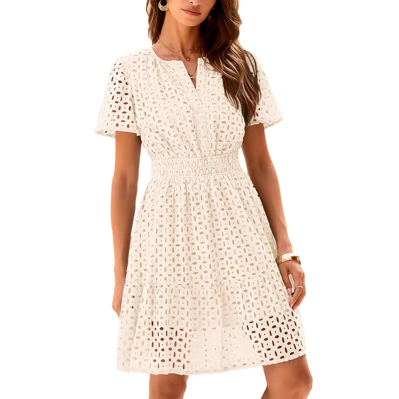 [XS-6XL]Women’s V-Neck Lace Dress – Elegant Summer Vacation Beach Dress