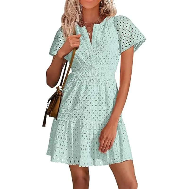[XS-6XL]Women’s V-Neck Lace Dress – Elegant Summer Vacation Beach Dress