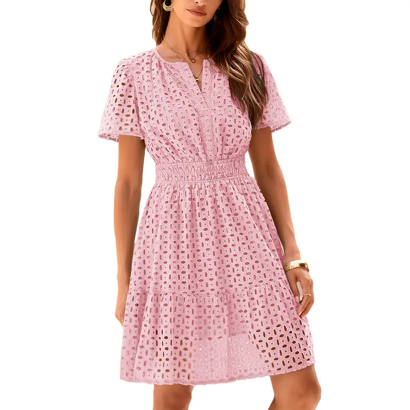 [XS-6XL]Women’s V-Neck Lace Dress – Elegant Summer Vacation Beach Dress