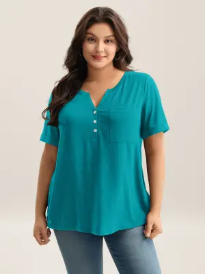 BLOOMCHIC Women's Plus-Size Minimalist Short-Sleeve Blouse [M-6X] - Split V-Neck, Button-Detailed, Pocketed Lady Top, 2026 Summer Casual Basic, Mother's Day Pick,summerwins,Summer wins,Deals for your days