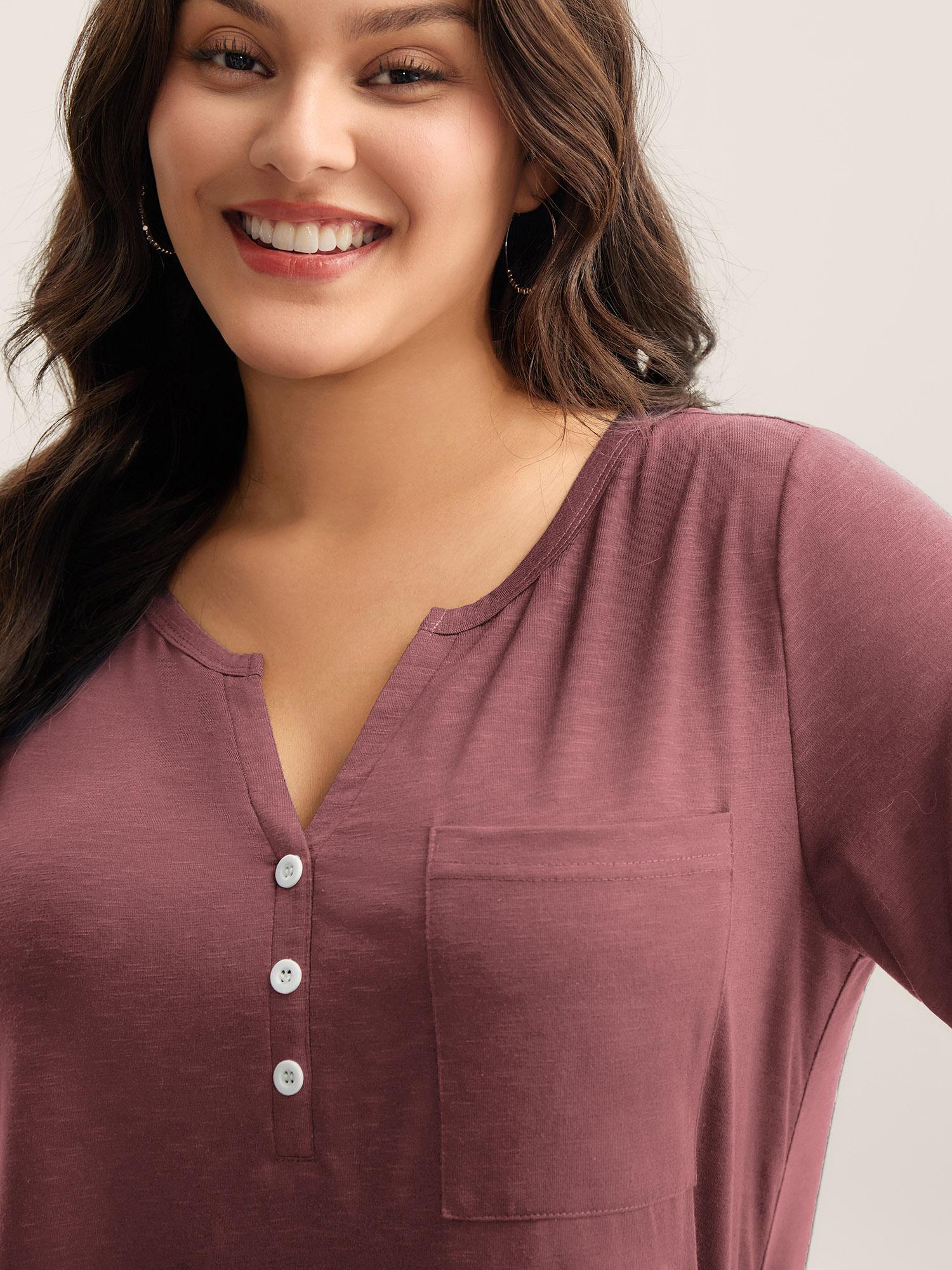 BLOOMCHIC Women's Plus-Size Minimalist Short-Sleeve Blouse [M-6X] - Split V-Neck, Button-Detailed, Pocketed Lady Top, 2026 Summer Casual Basic, Mother's Day Pick,summerwins,Summer wins,Deals for your days