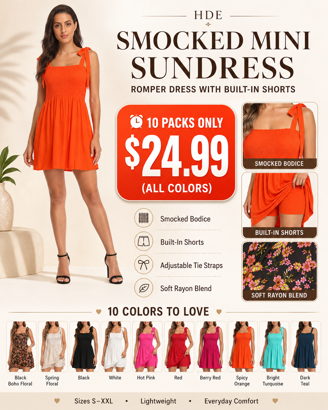 HDE Smocked Mini Sundress Romper Dress with Shorts
