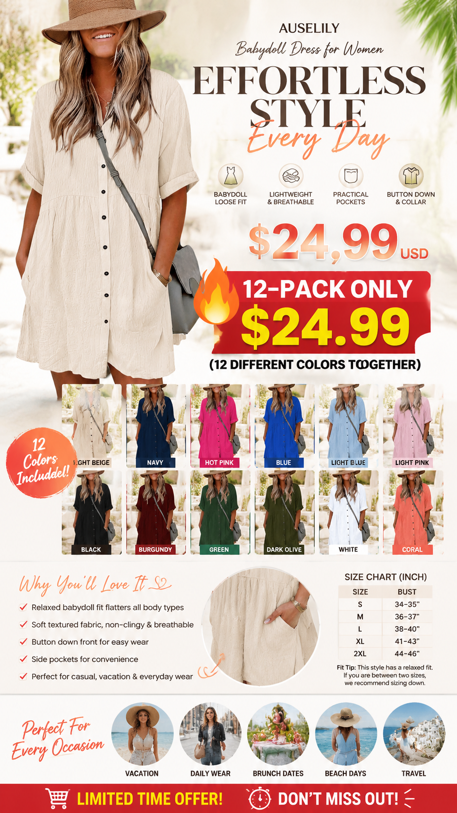 Babydoll Dress for Women Short Sleeve Button Down Textured Non-clingy Loose Fit Flowy Mini Dress with Pockets 2026 New Summer Dress