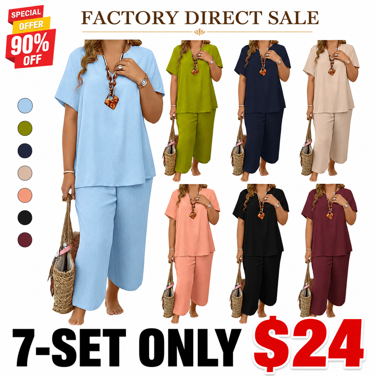 Women s Plus Size Elegant Minimalist Solid Color Short Sleeve Top & Wide Leg Pant